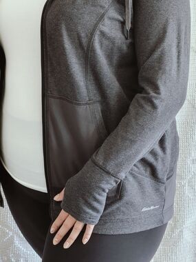 Eddie Bauer Grey Mixed Media Running Hoodie w/ Thumbholes Front Pocket Size 2XL